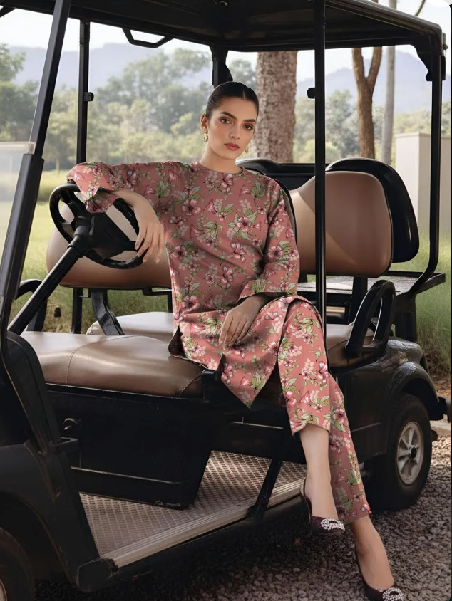 Peach Printed Dobby Lawn 3Pcs Suit for Girls