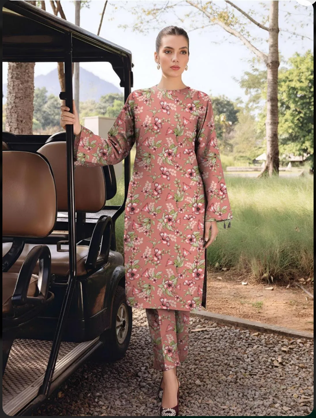 Peach Printed Dobby Lawn 3Pcs Suit for Girls