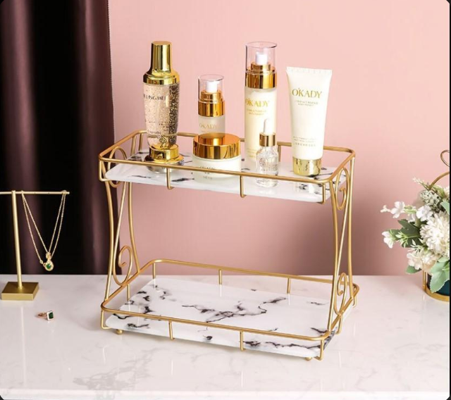 Golden Double Layer Makeup Rack with No Leak Storage