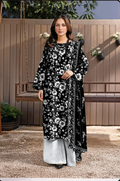 Black Floral Kurta Set with Grey Pants & Scarf