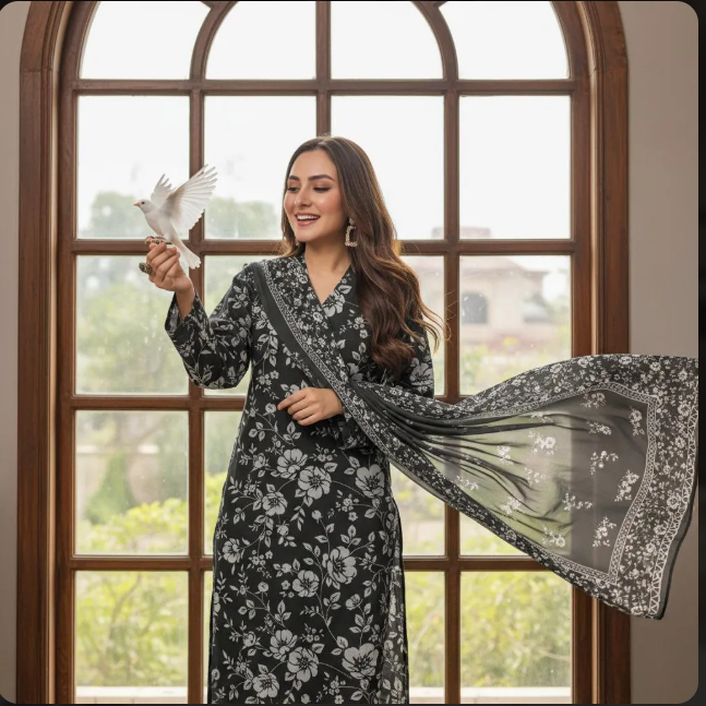 Black Floral Kurta Set with Grey Pants & Scarf