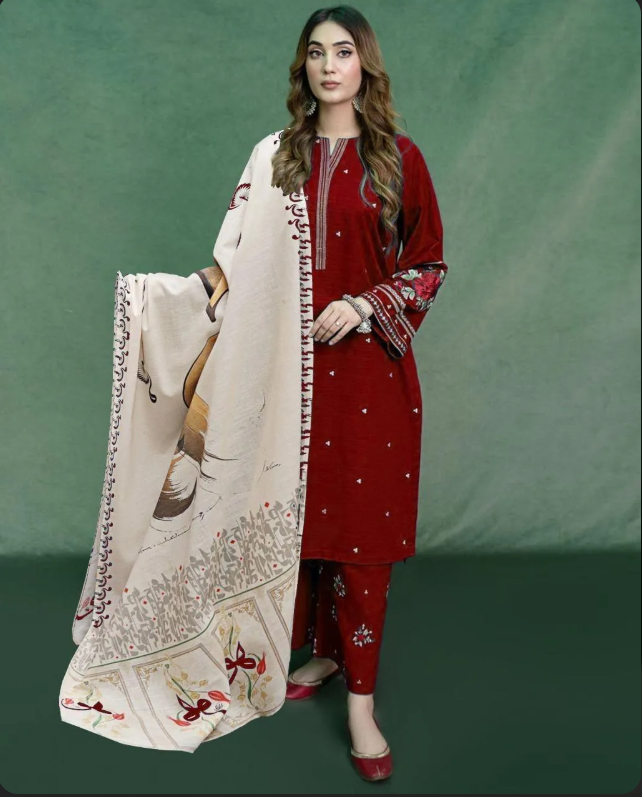 Maroon Embroidered Lawn 3Pcs Set with Digital Print Dupatta