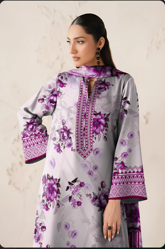 Grey Printed Lawn 3Pcs Shirt Dupatta Set