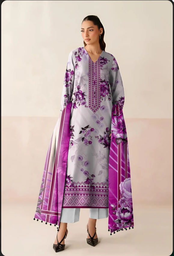 Grey Printed Lawn 3Pcs Shirt Dupatta Set