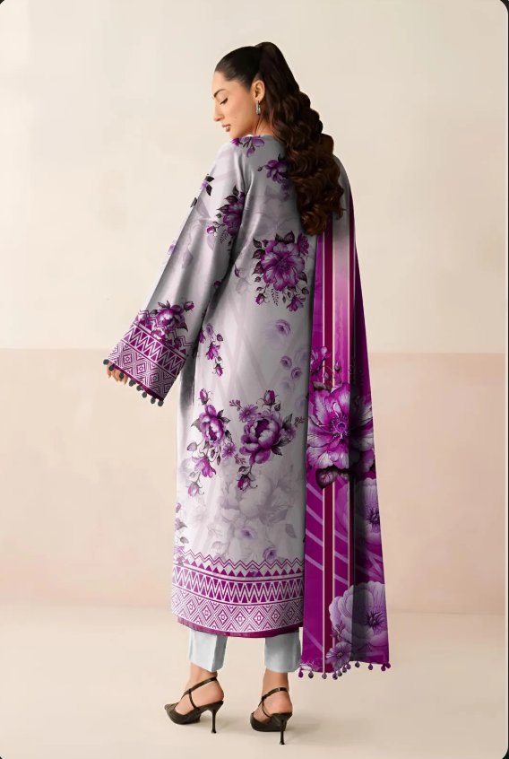 Grey Printed Lawn 3Pcs Shirt Dupatta Set