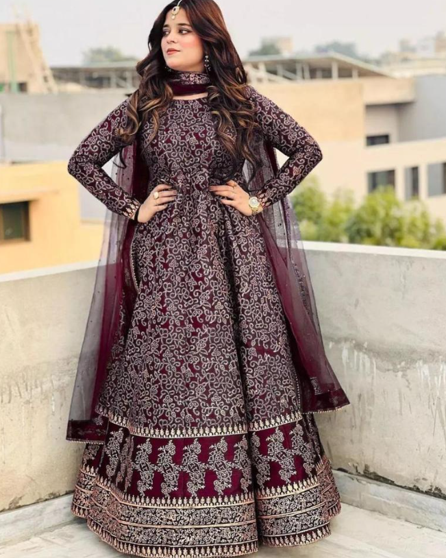 3 Piece Women's Stitched Embroidered Anarkali Set Maroon