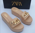 Beige Gold Chain Wedge Sandals for Women