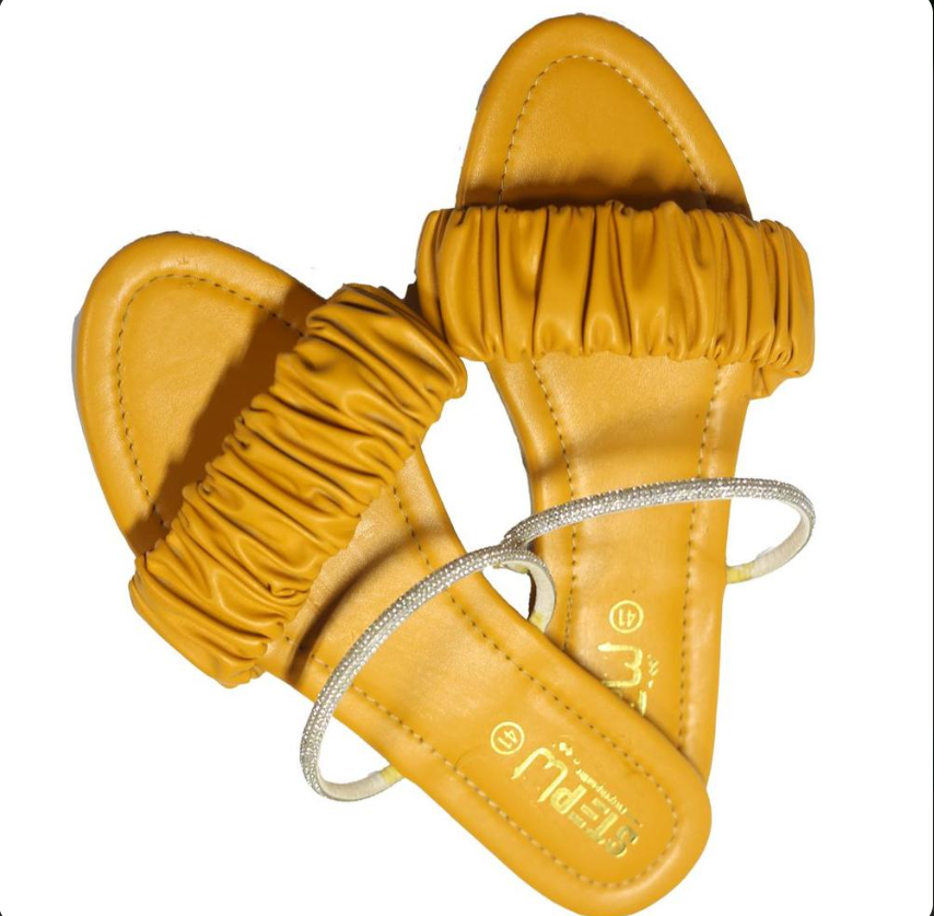Women's Yellow Rexine Casual Flats with Silver Strap
