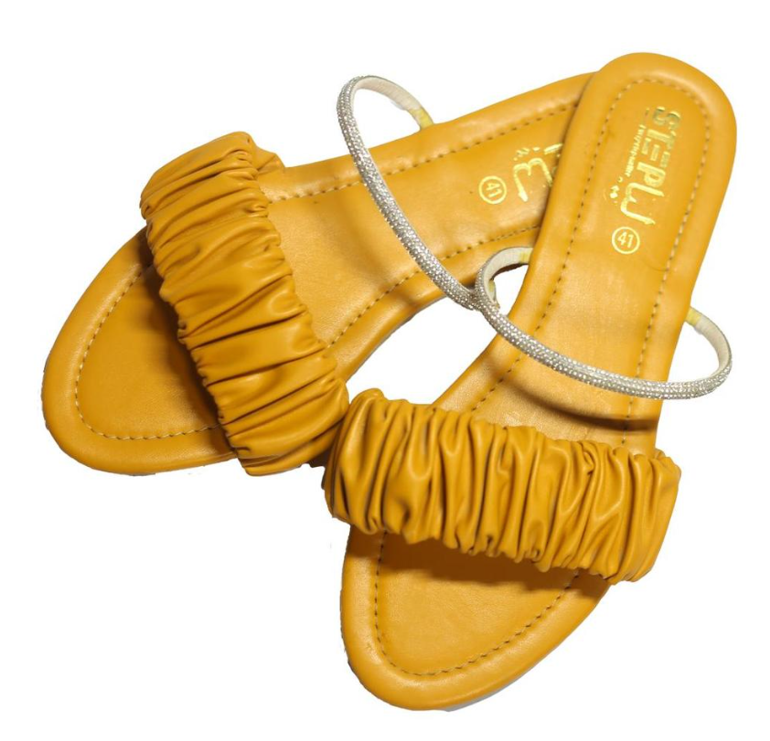 Women's Yellow Rexine Casual Flats with Silver Strap