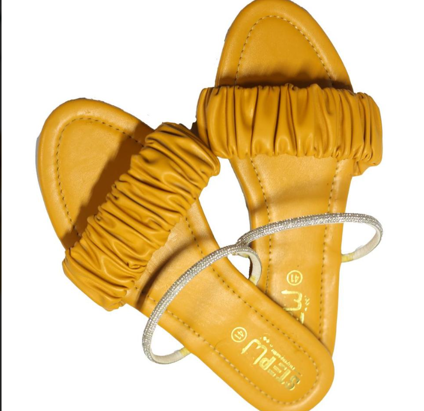 Women's Yellow Rexine Casual Flats with Silver Strap