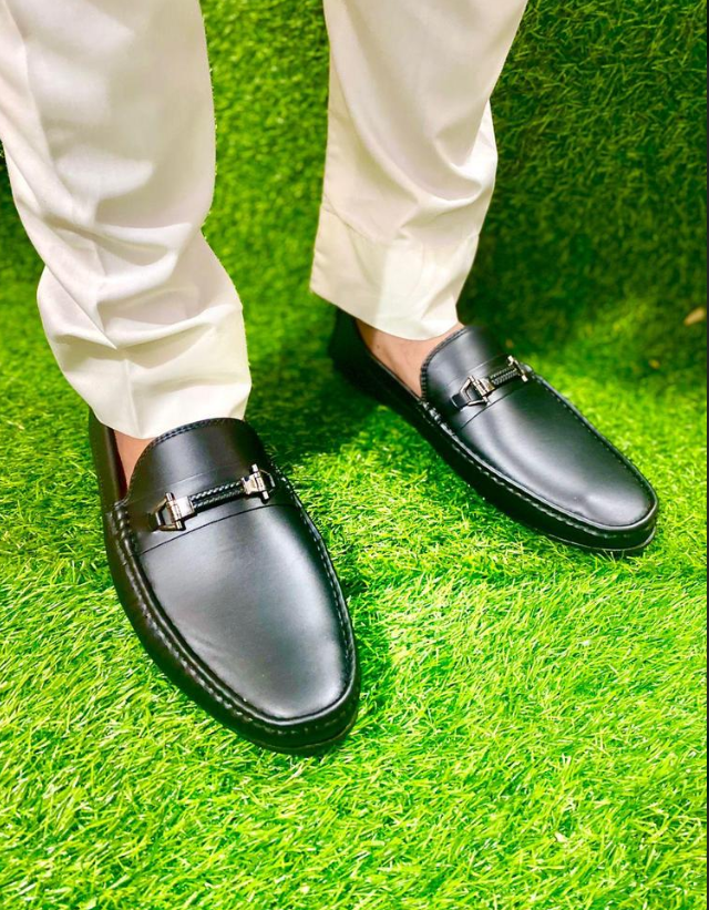 Men's Black Rexine Loafer Shoes with Metal Accents