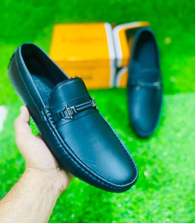 Men's Black Rexine Loafer Shoes with Metal Accents