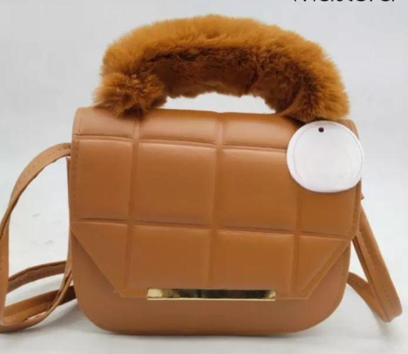 Brown Quilted Crossbody Bag with Fluffy Handle for Girls