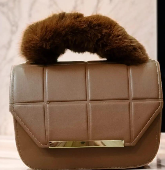 Brown Quilted Crossbody Bag with Fluffy Handle for Girls