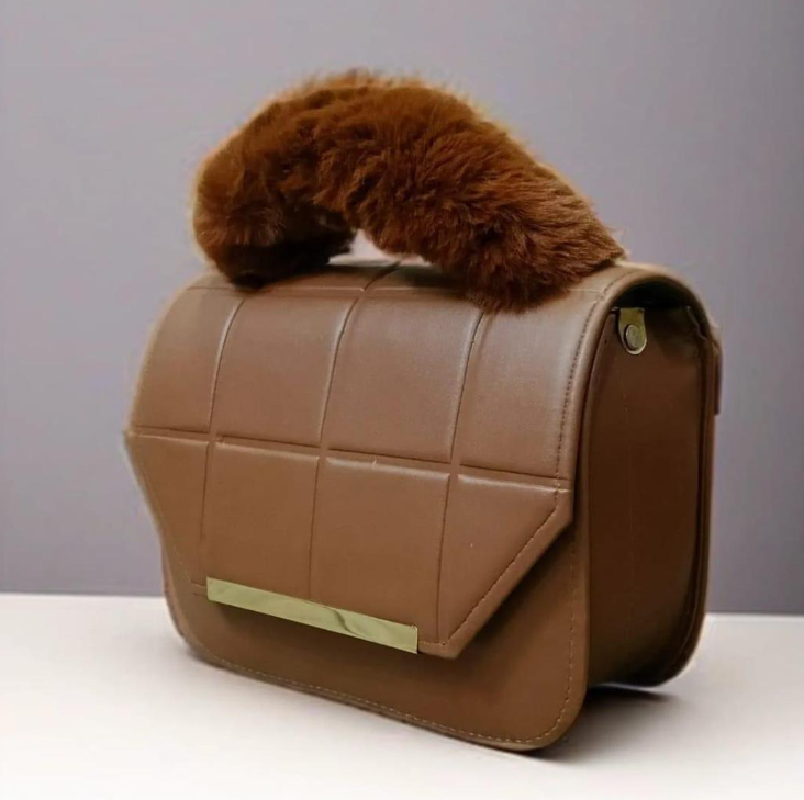 Brown Quilted Crossbody Bag with Fluffy Handle for Girls