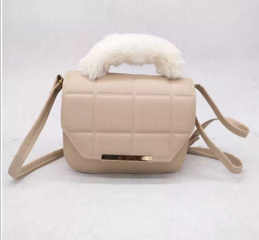Women Crossbody Bag Beige Quilted Fluffy Handle
