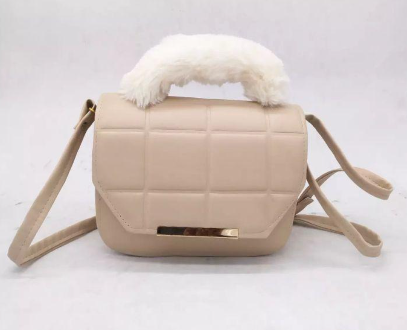Women Crossbody Bag Beige Quilted Fluffy Handle