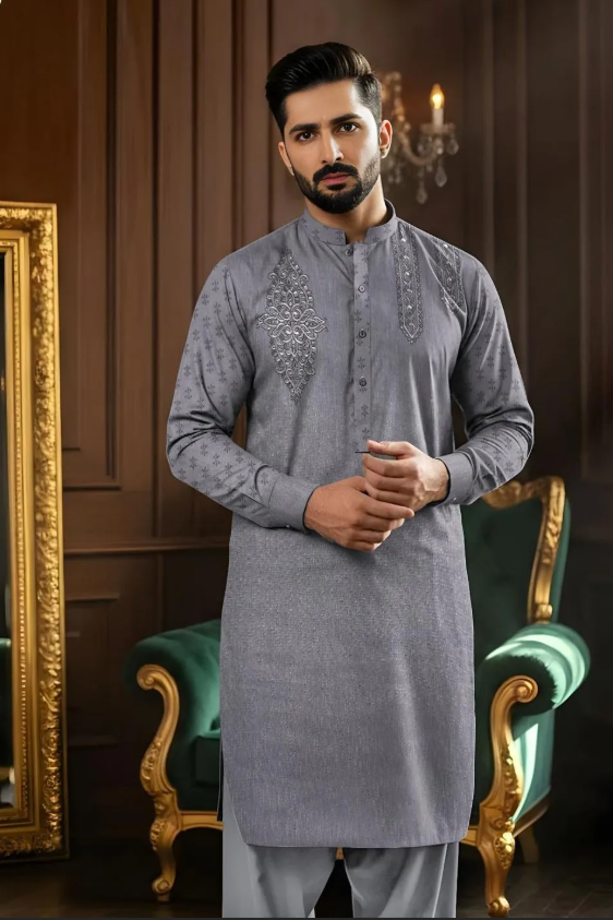 Grey Cotton Embroidered Kurta Set for Men
