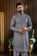 Grey Cotton Embroidered Kurta Set for Men