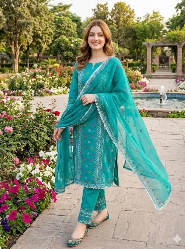 Green Chikankari Lawn 3Pcs Embroidered Set
