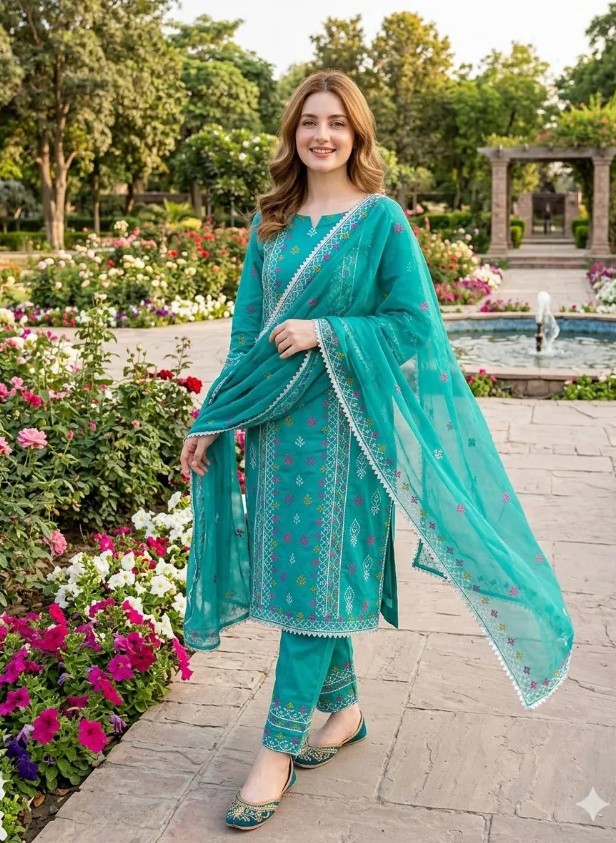 Green Chikankari Lawn 3Pcs Embroidered Set
