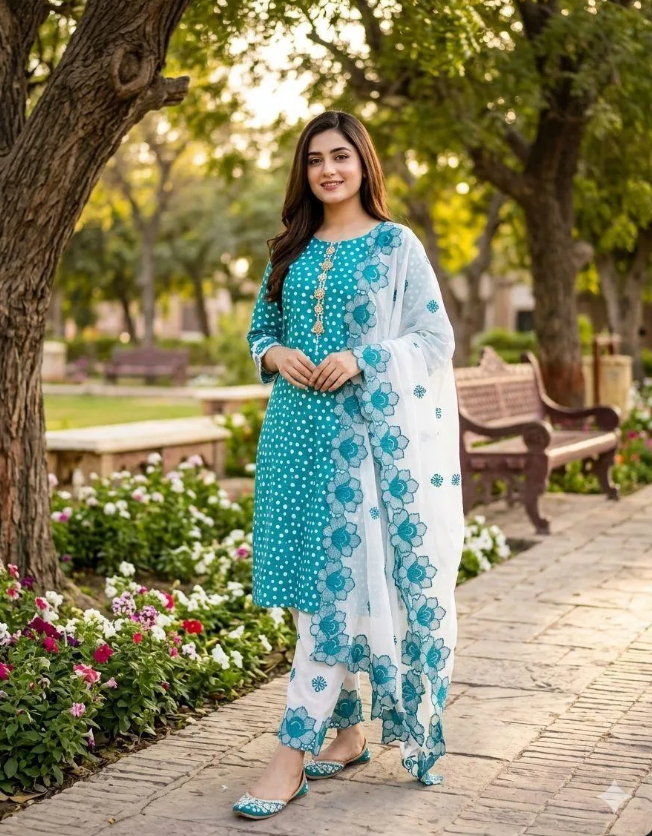 Green Digital Print Lawn Shirt with Embroidered Cotton Trouser & Chiffon Dupatta