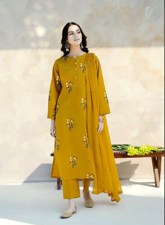 Yellow Floral Embroidered 3-Piece Lawn Suit for Women