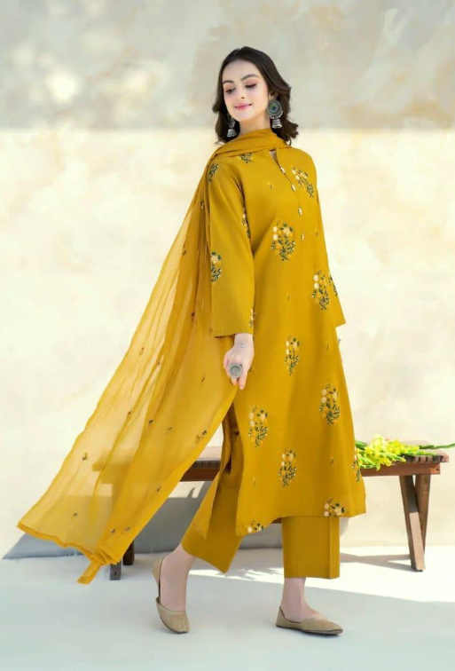 Yellow Floral Embroidered 3-Piece Lawn Suit for Women