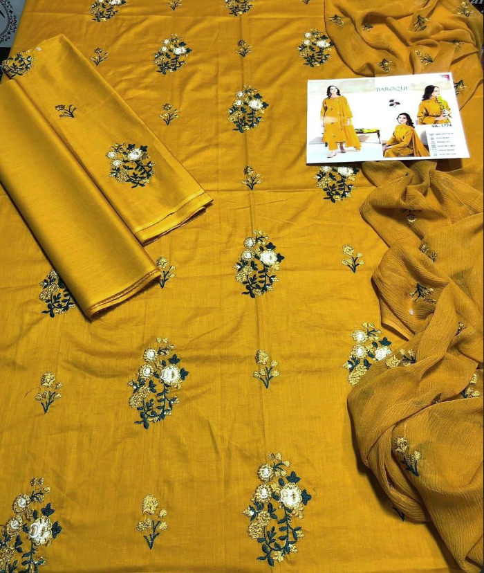 Yellow Floral Embroidered 3-Piece Lawn Suit for Women