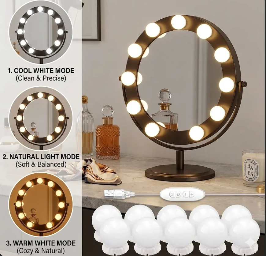 Hollywood Style Round Vanity Mirror with 3-Mode LED Lights