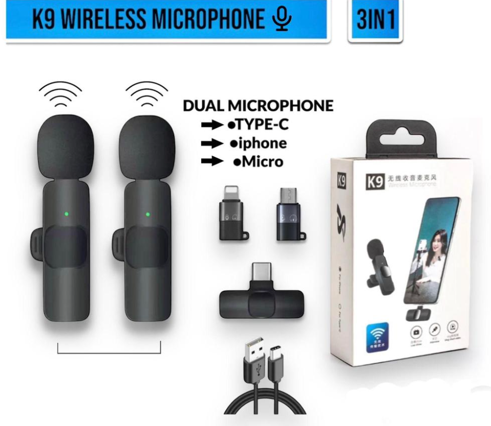 K9 Wireless Vlogging Microphone with Noise Reduction & iPhone Adapter