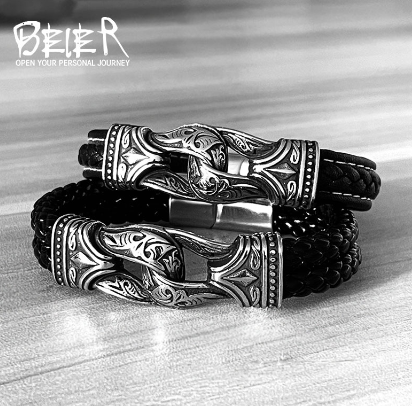 Black Viking Leather Bracelet for Men