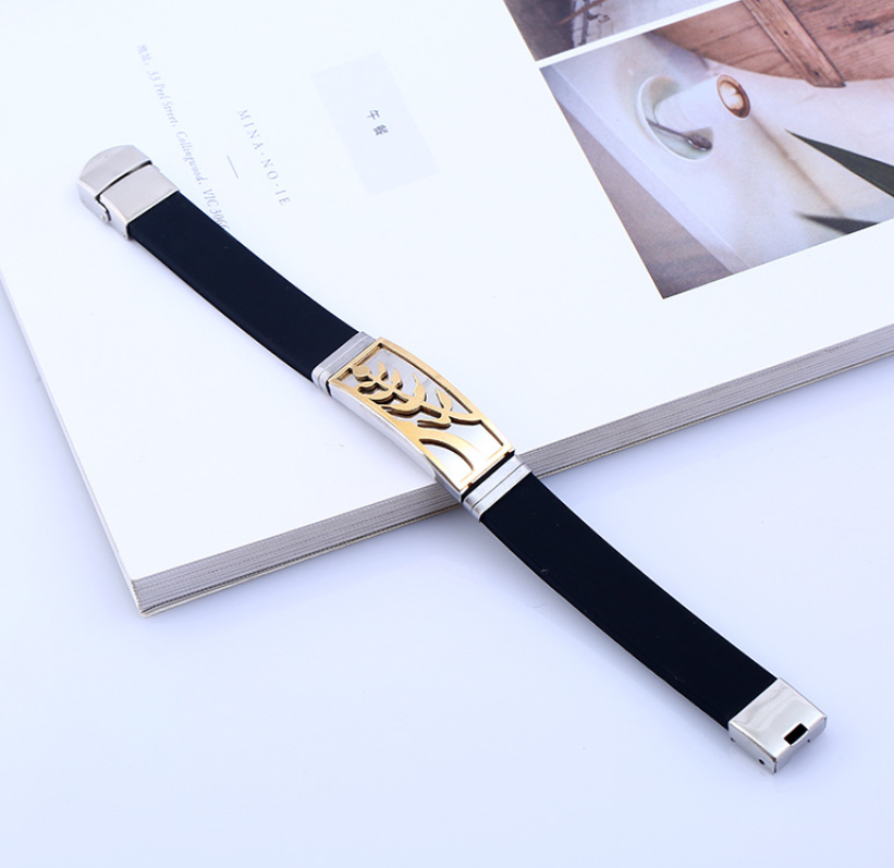 Black Silicone Men's Bracelet with Gold Engraved Design