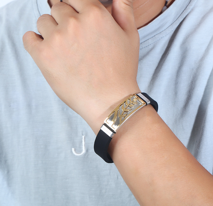 Black Silicone Men's Bracelet with Gold Engraved Design