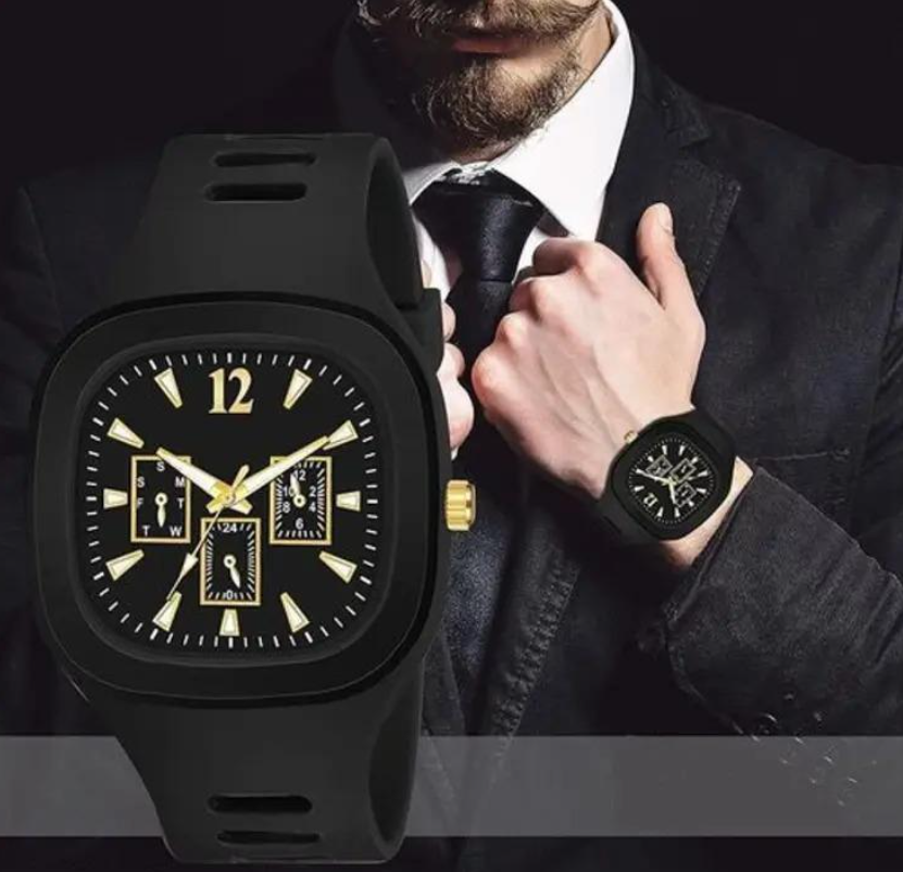 Men Black Silicone Analogue Watch with Gold Accents