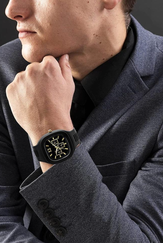 Men Black Silicone Analogue Watch with Gold Accents