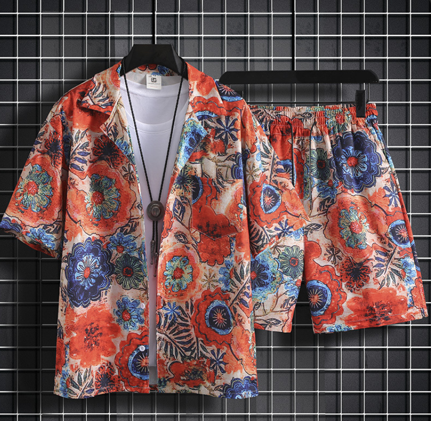 Men Summer Flower Silk Beach Suit Set