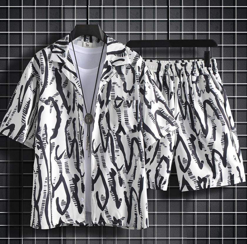 Men Summer Flower Silk Beach Suit Set