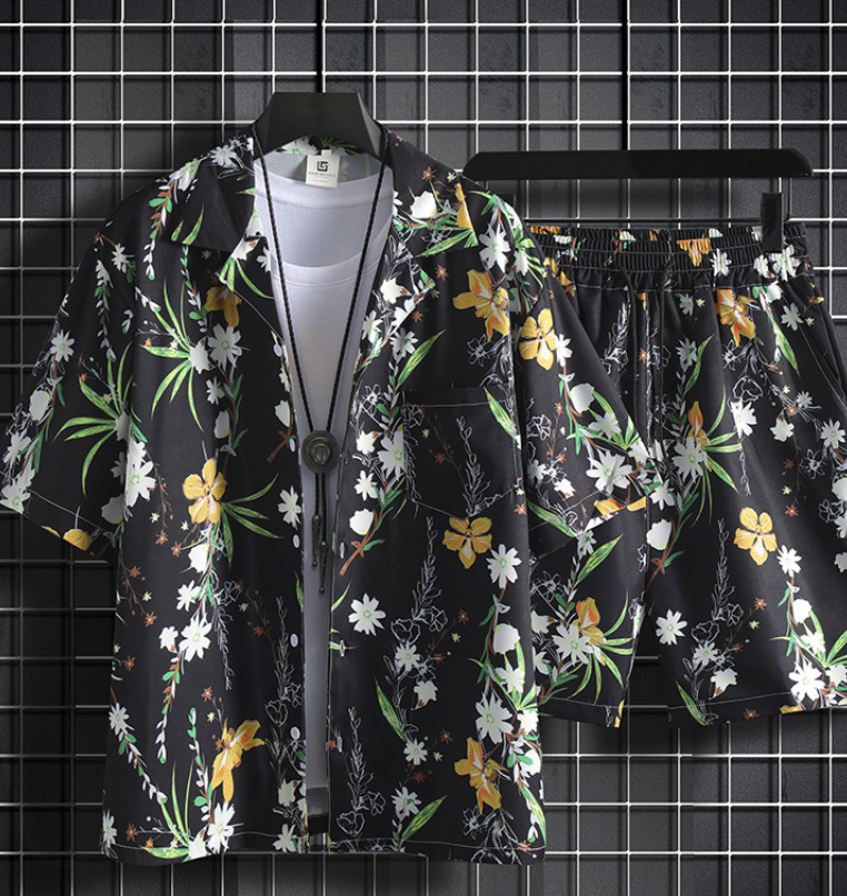 Men Summer Flower Silk Beach Suit Set