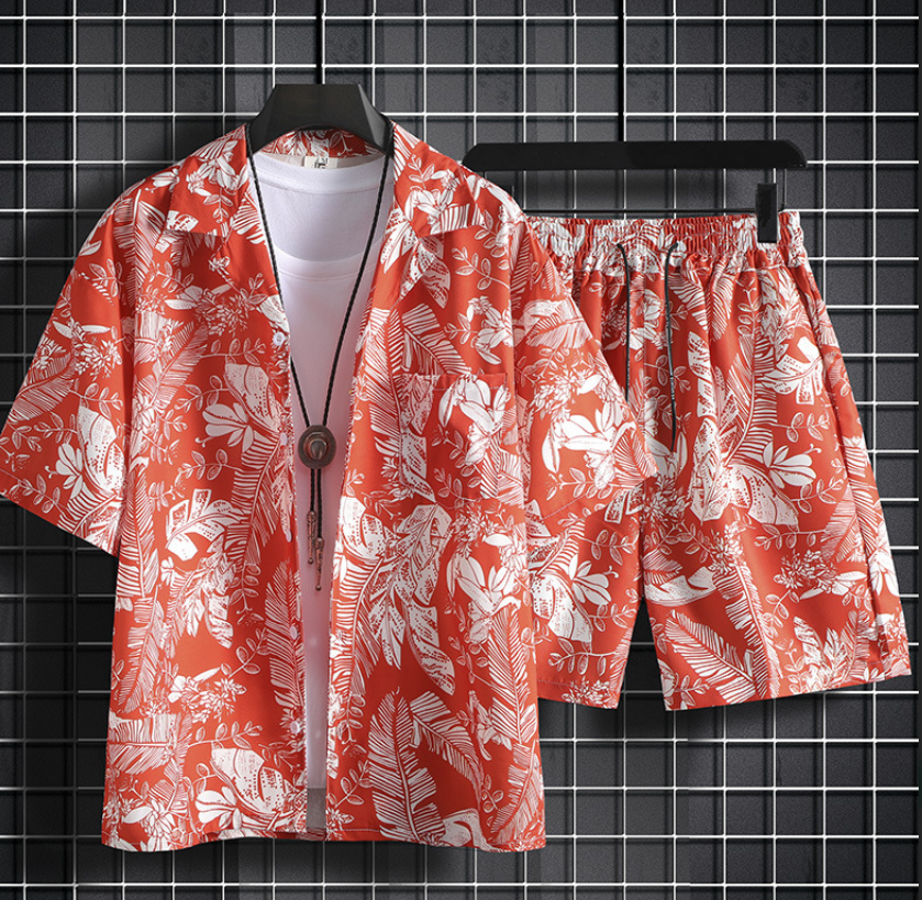 Men Summer Flower Silk Beach Suit Set