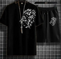 Men Black Lion Print T-Shirt & Shorts Tracksuit Set