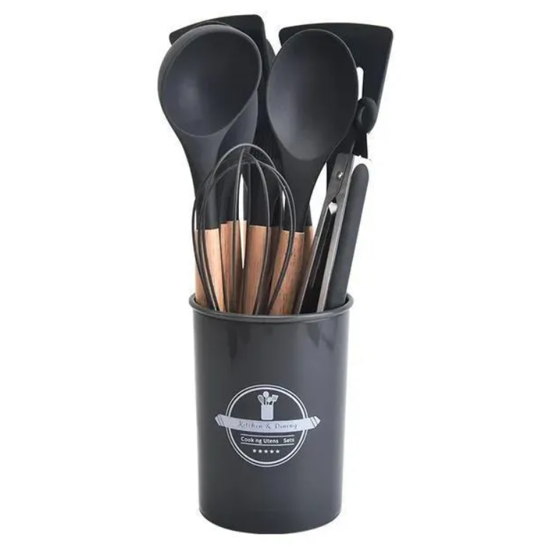 16-Piece Silicone Spoon Set Black Heat Resistant