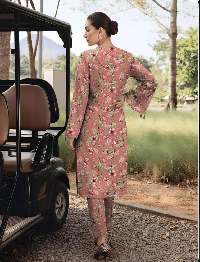 Peach Printed Dobby Lawn 3Pcs Suit for Girls