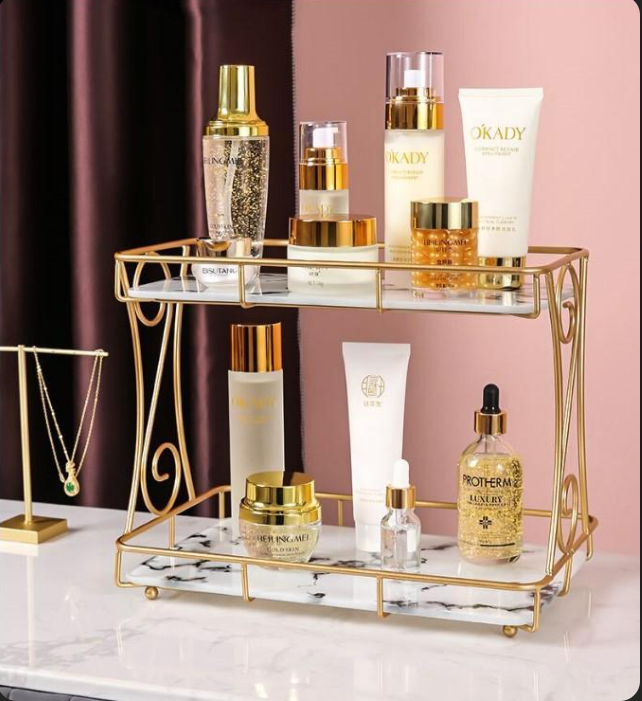 Golden Double Layer Makeup Rack with No Leak Storage