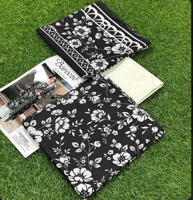 Black Floral Kurta Set with Grey Pants & Scarf