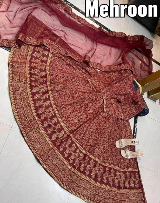 3 Piece Women's Stitched Embroidered Anarkali Set Maroon