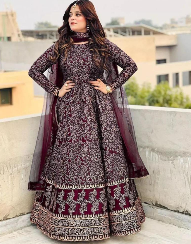 3 Piece Women's Stitched Embroidered Anarkali Set Maroon