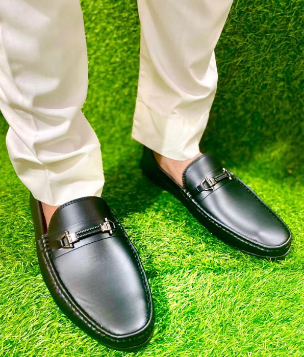 Men's Black Rexine Loafer Shoes with Metal Accents