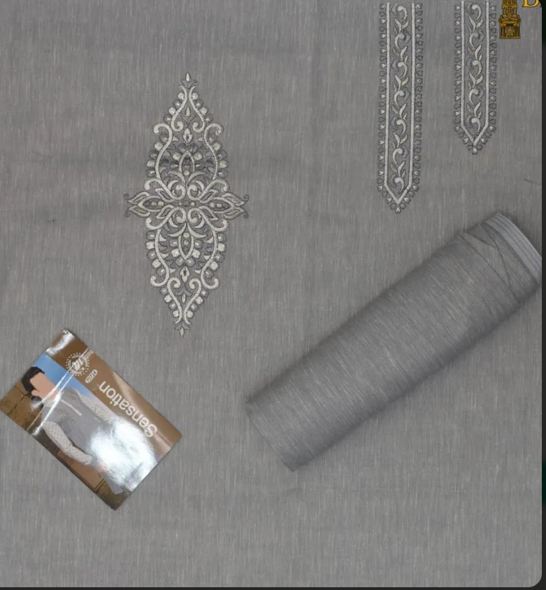 Grey Cotton Embroidered Kurta Set for Men