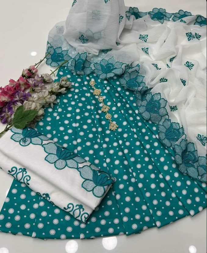 Green Digital Print Lawn Shirt with Embroidered Cotton Trouser & Chiffon Dupatta